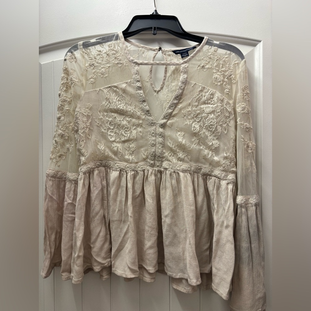American Eagle Outfitters Cream Lace Peasant Tunic
